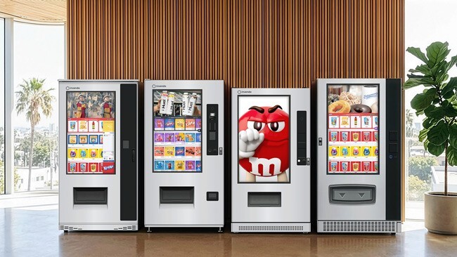 Invenda Smart Vending Machines Lineup. Four Touchscreen Vending Machines in a bright showroom, displaying product grids, top banner and full screen ads.